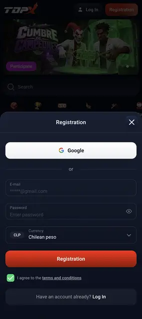 Pantalla de TopX: formulario de registro con cuenta en pesos chilenos