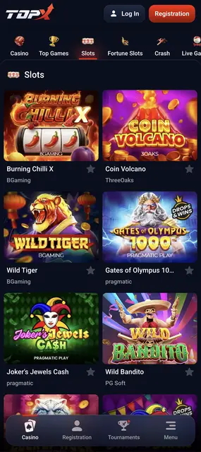 Tragamonedas destacadas como Burning Chilli X y Coin Volcano en TopX desde el celular