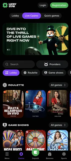 Lucky Star en el móvil: casino en vivo con ruletas de Evolution y Playtech